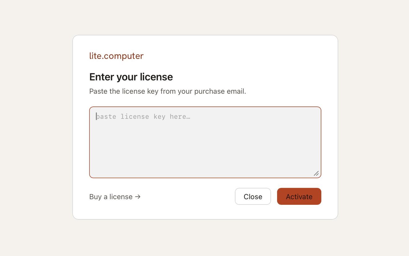 The Enter your license sheet, with a box for the license key, a Buy a license link, and Close and Activate buttons.