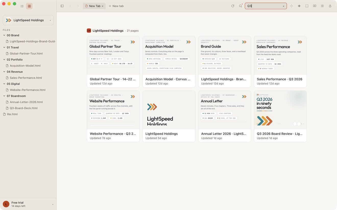 The search box open in the top bar with Q3 typed, and the sidebar and gallery narrowed to the pages that match.