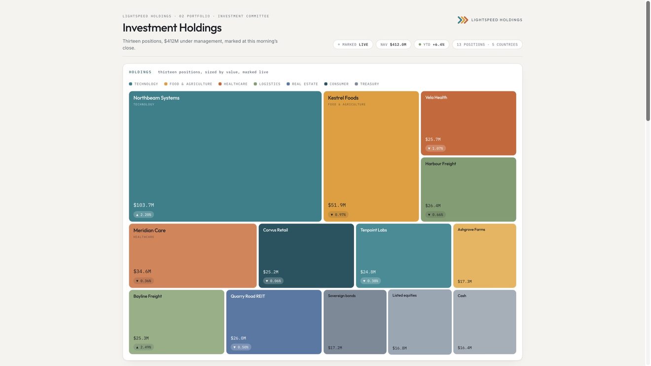 The Investment Holdings page in Presentation Mode, filling the whole screen with no sidebar, tabs or top bar.