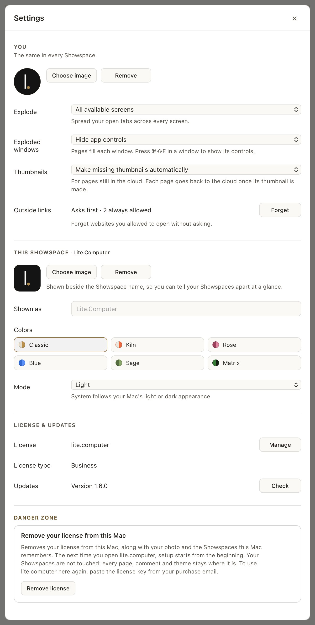 The Settings sheet in four parts: You (image, Explode, Exploded windows, Thumbnails and Outside links), This Showspace (name, mark, colors and Mode), License & Updates, and Danger Zone.