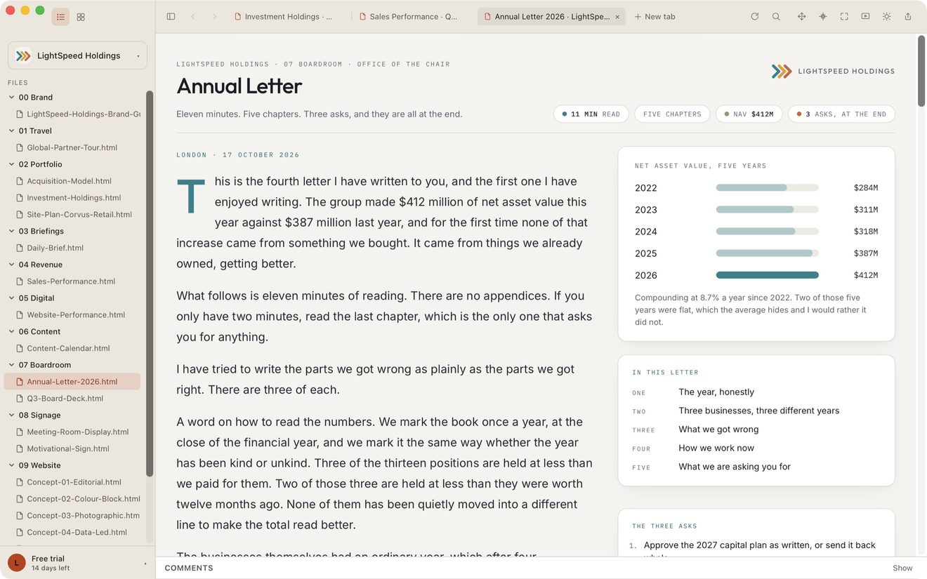 Three pages open as tabs across the top of the lite.computer window: Investment Holdings, Sales Performance and Annual Letter 2026, with the Annual Letter showing.