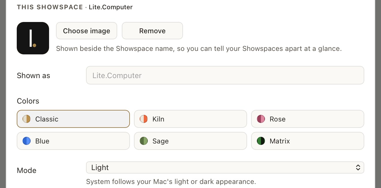 The This Showspace part of Settings, with the six color families for the open Showspace (Classic, Kiln, Rose, Blue, Sage and Matrix) and the Mode setting below them.