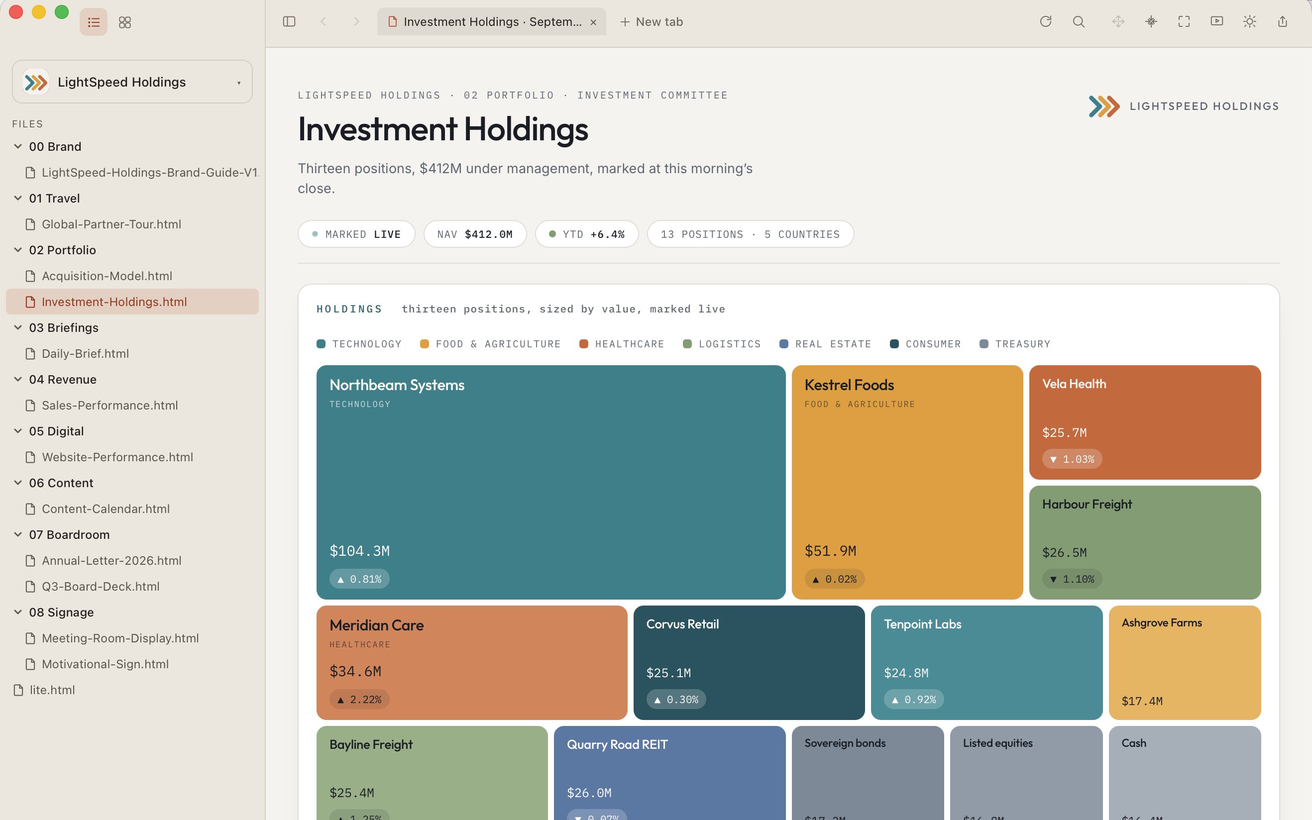 The app: sidebar, folder tree open, and a LightSpeed content calendar rendered in the canvas beside it.