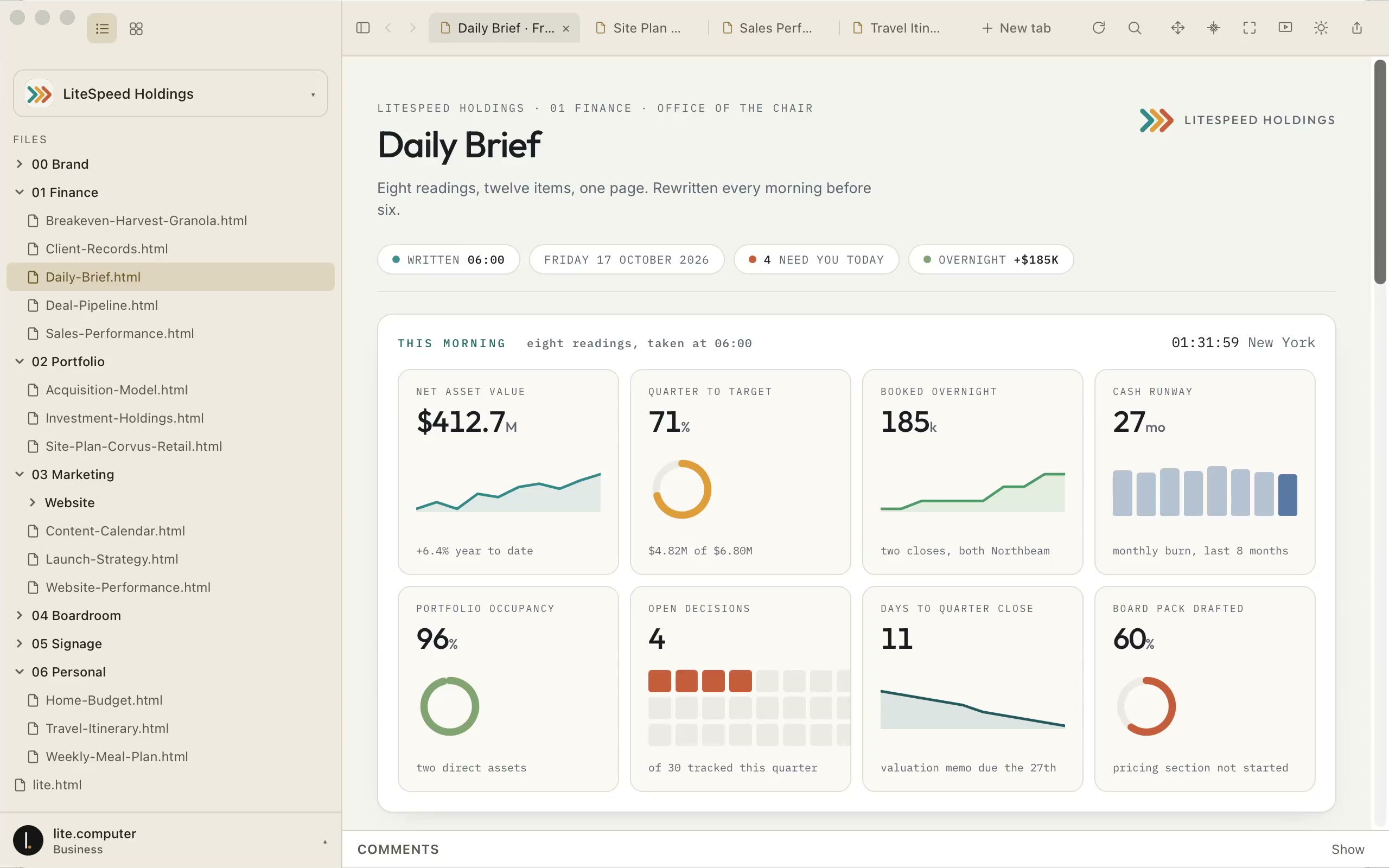 lite.computer with one Showspace open: folders for Finance, Portfolio, Marketing and Personal in the sidebar, four tabs, and a Daily Brief in the canvas.