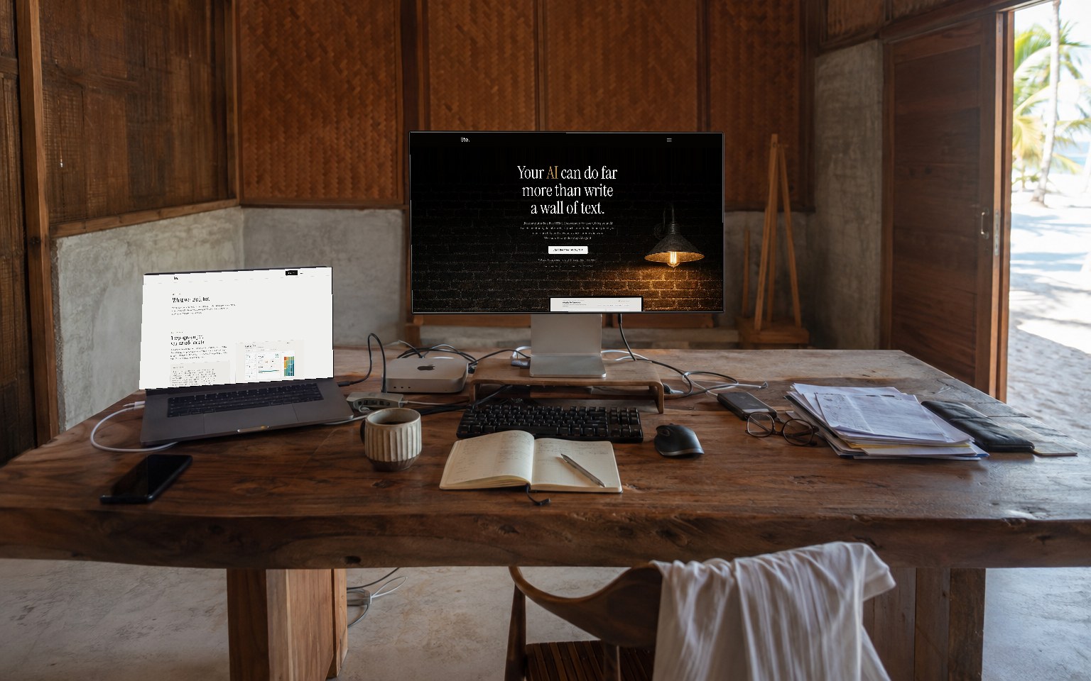 The desk this site was built on: a teak table in a beach-resort office, the home page on the display, the use-cases page on the laptop, papers and cables, sea light through the door.