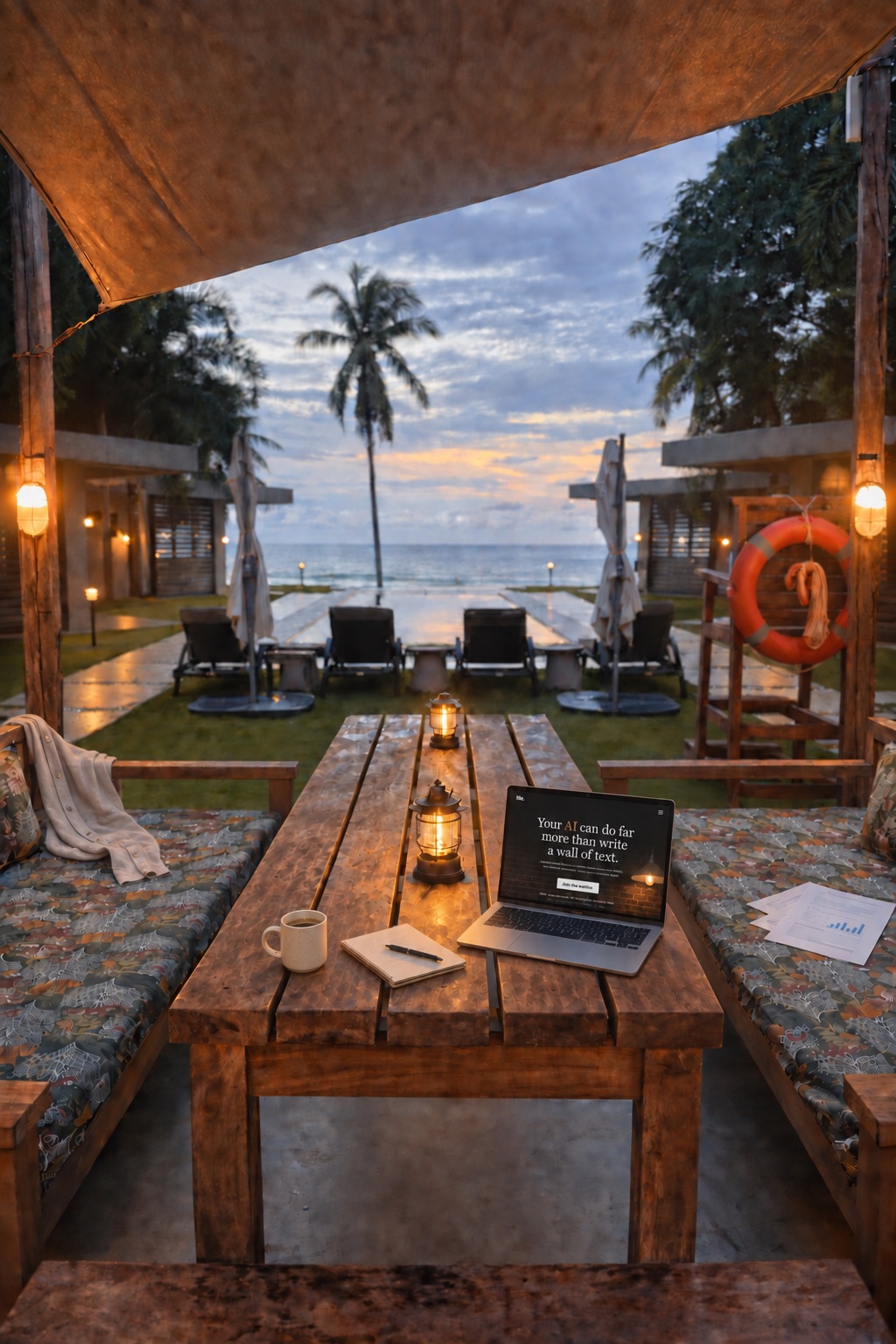 Veue Beach Cabins at dusk: a teak table under a canvas awning, a laptop showing the lite.computer home page, lanterns lit, the pool and loungers beyond, and the sea and a palm under an evening sky.