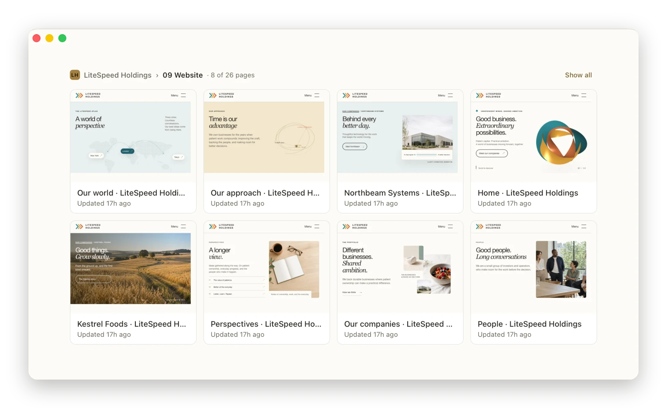 The LiteSpeed Holdings website in lite.computer's Gallery view: eight pages as live thumbnails, from Our world and Our approach to Kestrel Foods and People.