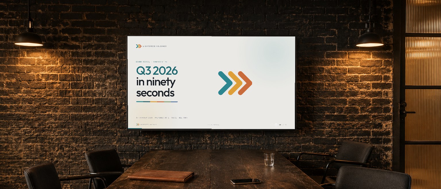 The Q3 board deck on the wall screen of the Meridian meeting room, part way through and turning its own pages.